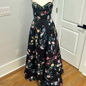 Marchesa Notte Strapless Floral Satin Maxi Gown Beaded Bodice Black